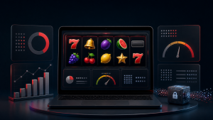 Laptop showing a generic online slot interface with abstract RTP, volatility and random-number graphics