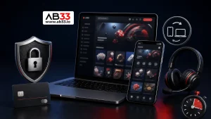 AB33 logo with laptop, smartphone, security shield, payment card, support headset and session timer