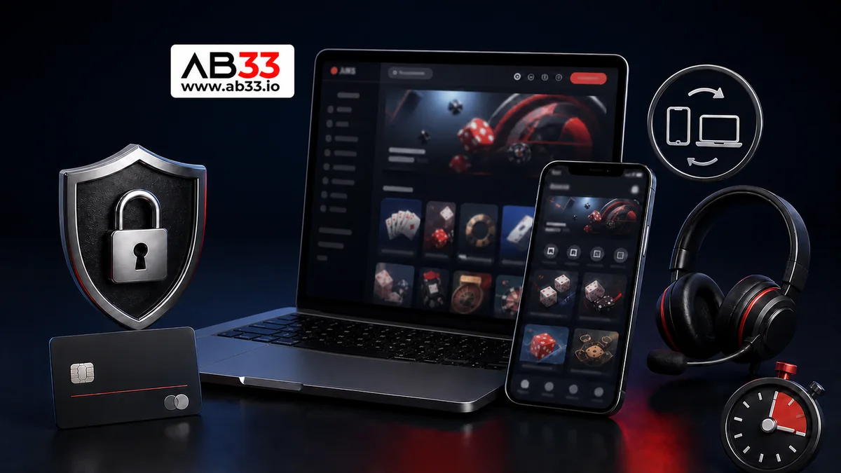 AB33 logo with laptop, smartphone, security shield, payment card, support headset and session timer