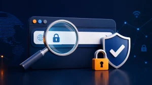 Magnifying glass checking a secure website address