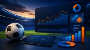 Football stadium with match analysis charts
