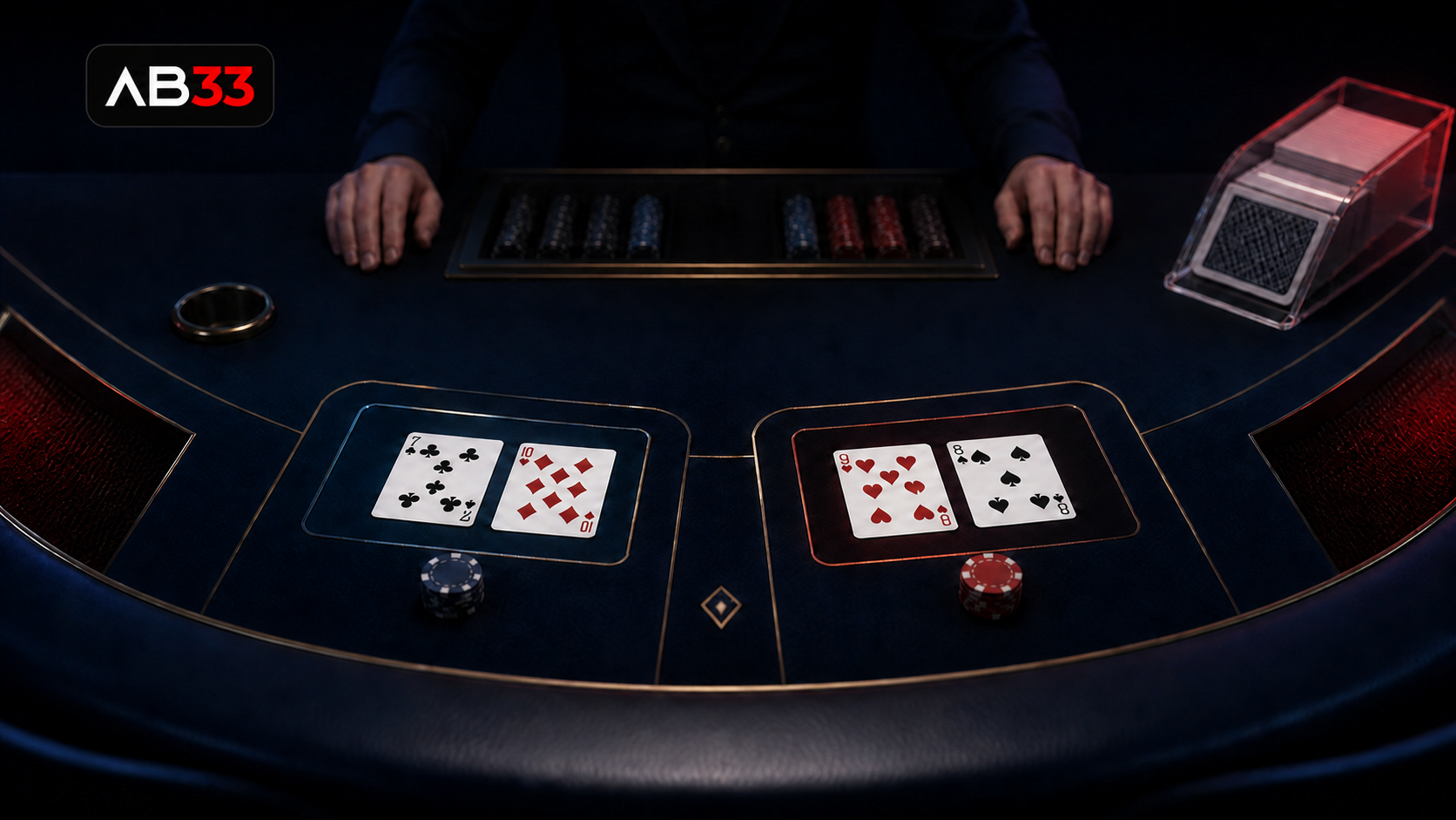 Baccarat table with Player and Banker card positions, chip stacks and AB33 logo