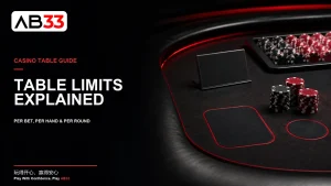 Casino table limits guide showing a table minimum, maximum and separate side-bet areas