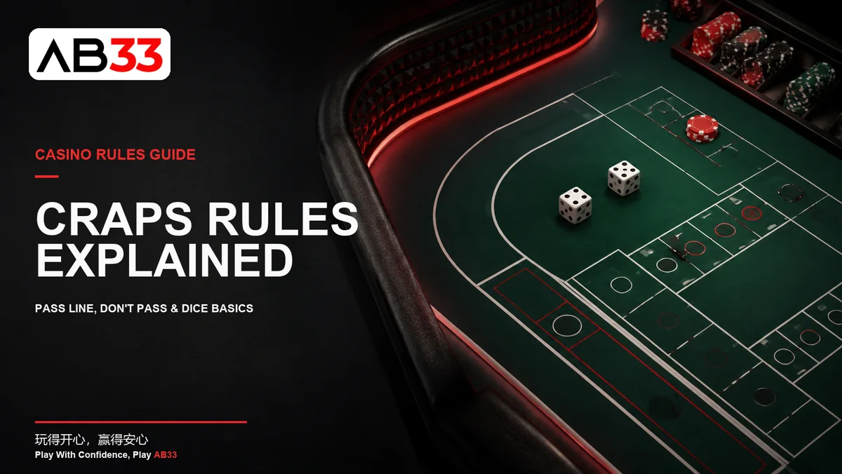 Craps rules guide showing a casino dice table with Pass Line and Don't Pass concepts