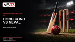 Cricket bat, ball and stumps illustrating a Hong Kong versus Nepal scorecard reading guide