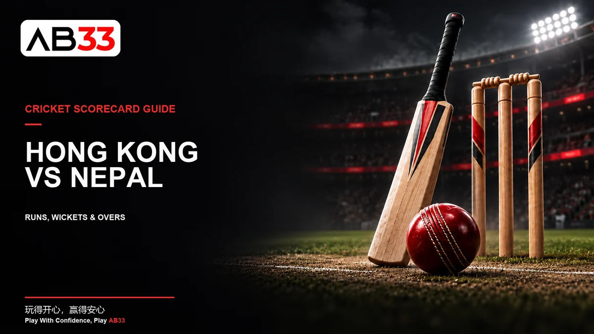 Cricket bat, ball and stumps illustrating a Hong Kong versus Nepal scorecard reading guide