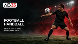 Football approaching a defender’s extended arm in a red-lit stadium, with the title Football Handball.