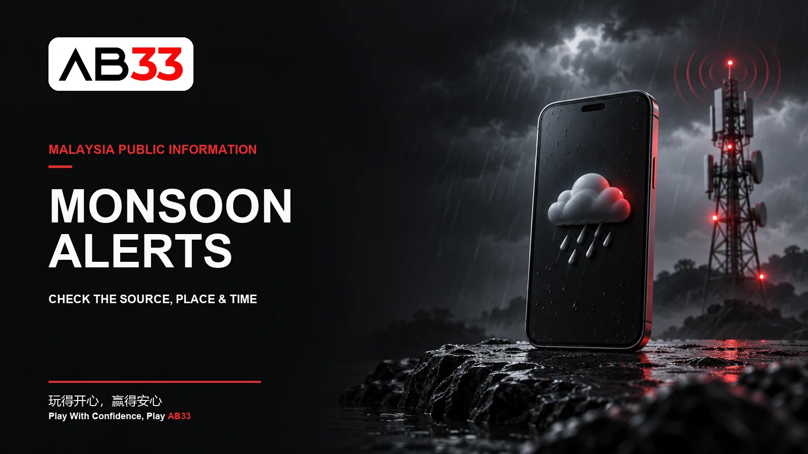 Illustration of a phone, rain clouds and a communications tower for a Malaysian monsoon alerts guide